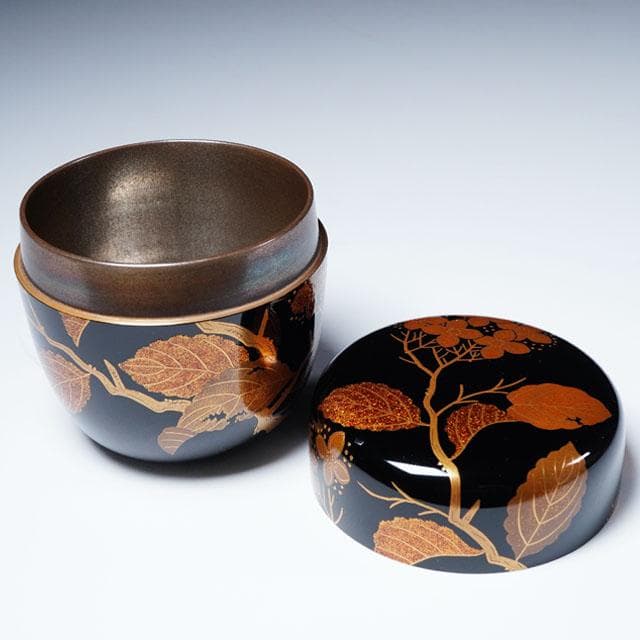 前端春斎　紫陽花蒔絵黒 棗　内銀溜　共箱　茶道具　薄茶器