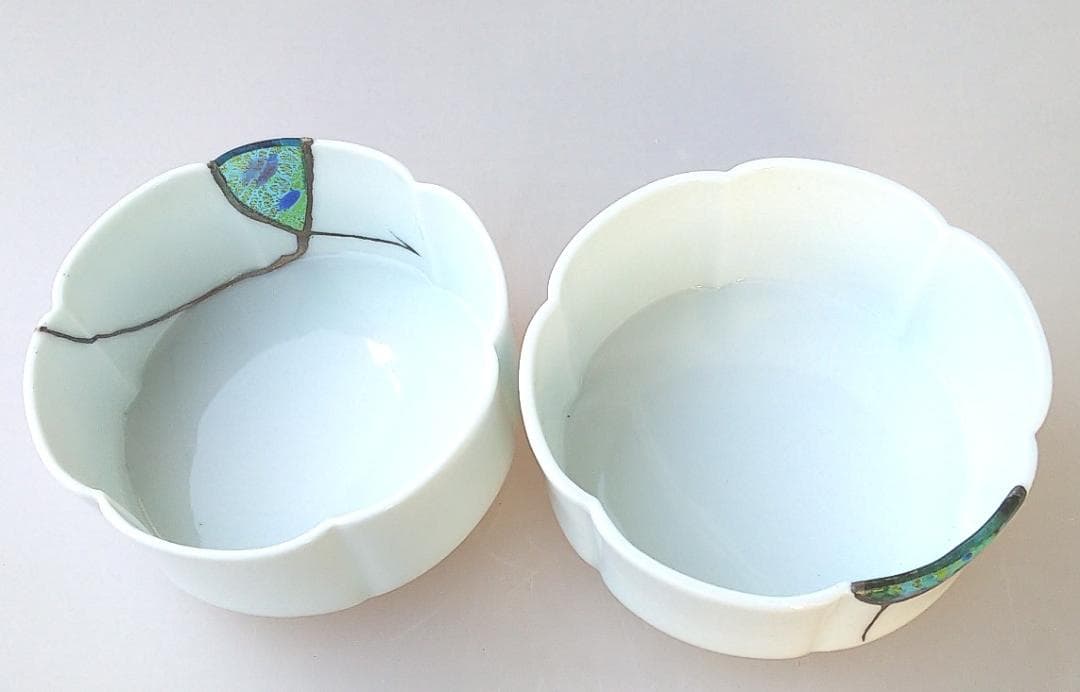 ★珍しいガラス呼び継ぎ★白磁にローマンガラスのような硝子★向付2客セット