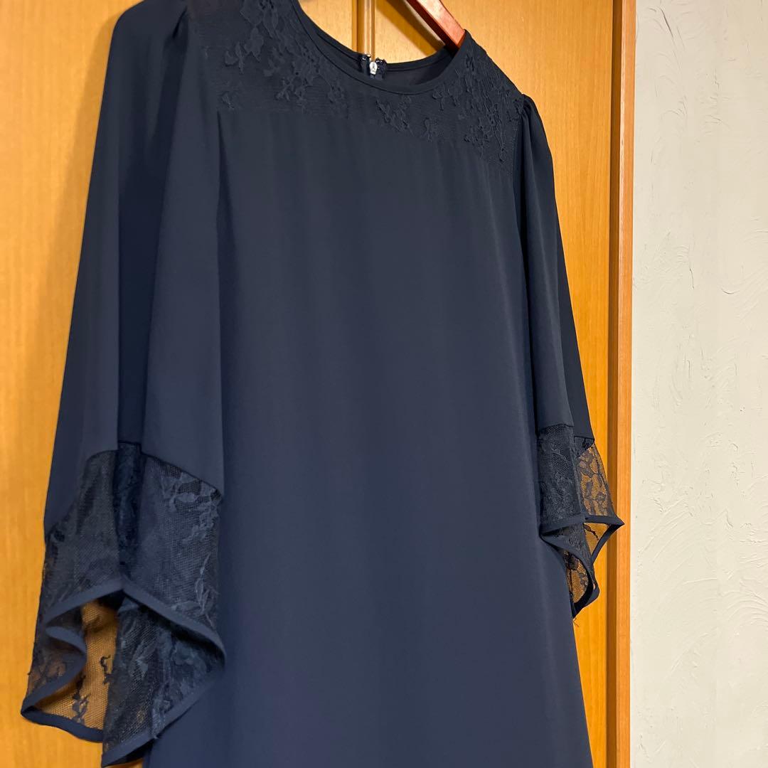 Floliaレース切り替えフレアスリーブＩラインワンピースネイビー