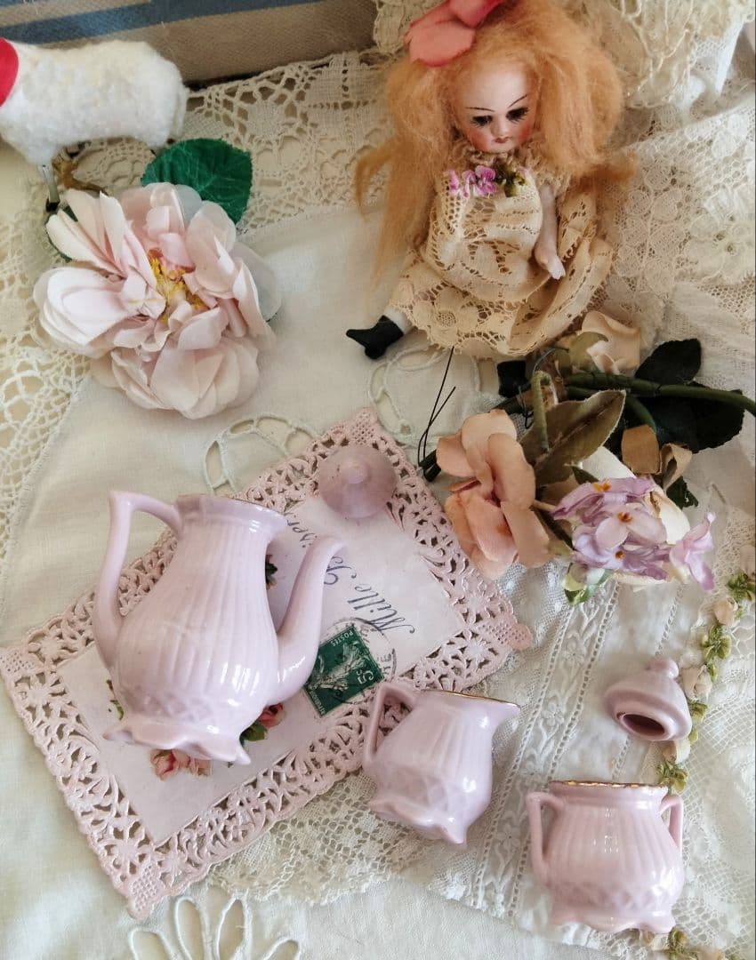 フランス アンティーク 薔薇柄ピンクのディネット ティーセット