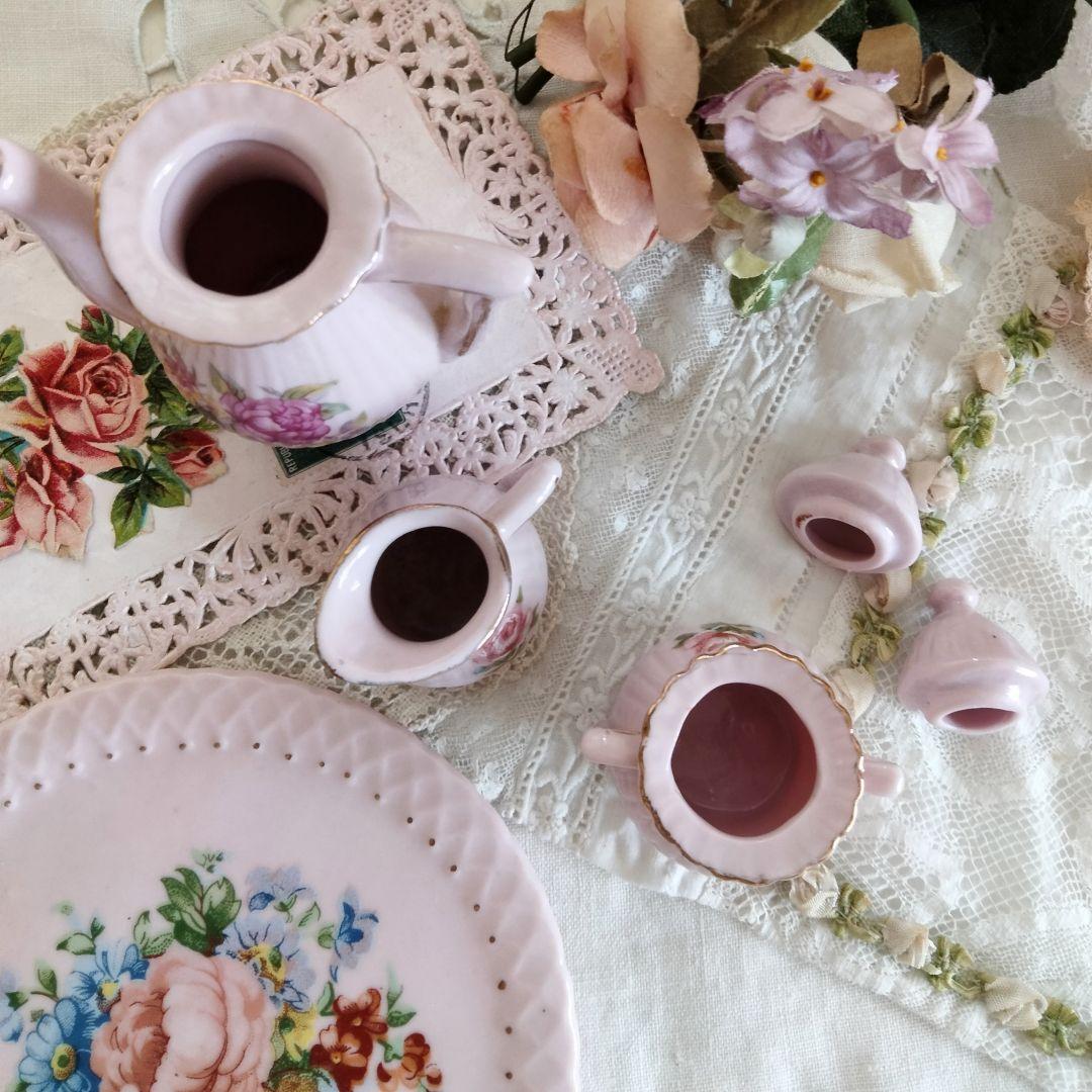 フランス アンティーク 薔薇柄ピンクのディネット ティーセット