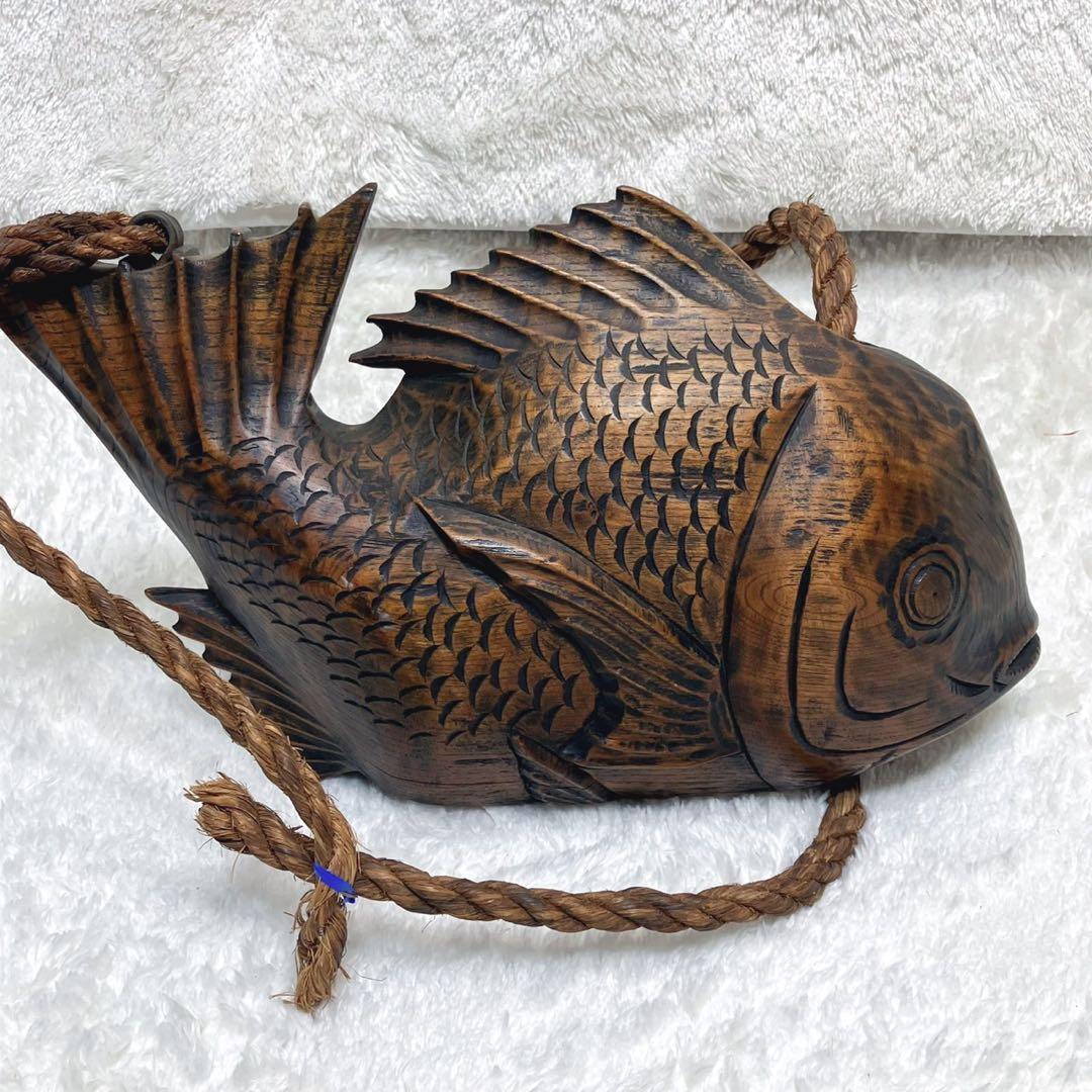 囲炉裏 自在鉤 横木 木彫り 鯛 古民具 レトロ 全長40cm 栄水刻 彫刻