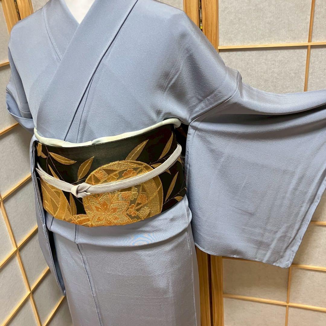 ［5790］色無地 美品 未使用 本草木染 証紙 一つ紋 剣片喰 正絹 着物 袷