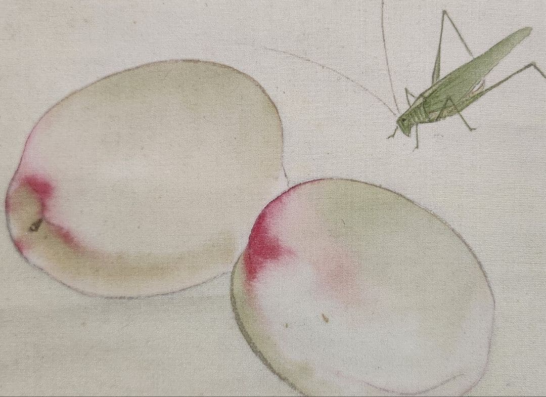 【桃に虫図】広田百豊 2609　掛け軸　肉筆