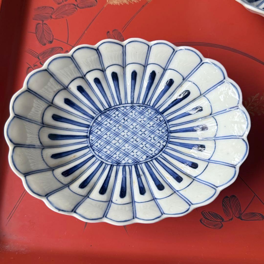 2154様感謝‼️清楚BLUE ‼️古伊万里すがすがしい花びらもりもり小判形菊皿5客
