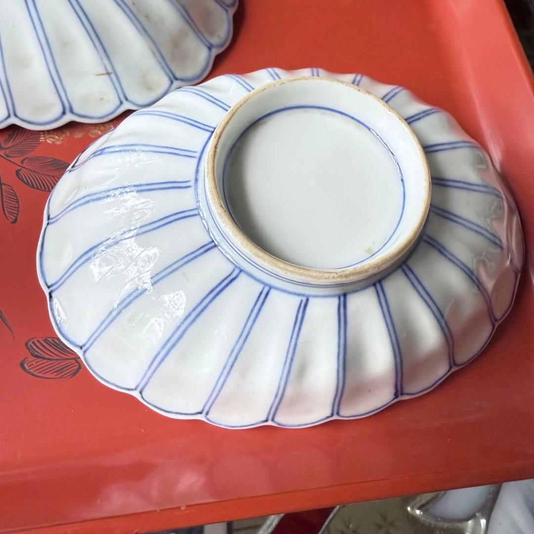 2154様感謝‼️清楚BLUE ‼️古伊万里すがすがしい花びらもりもり小判形菊皿5客