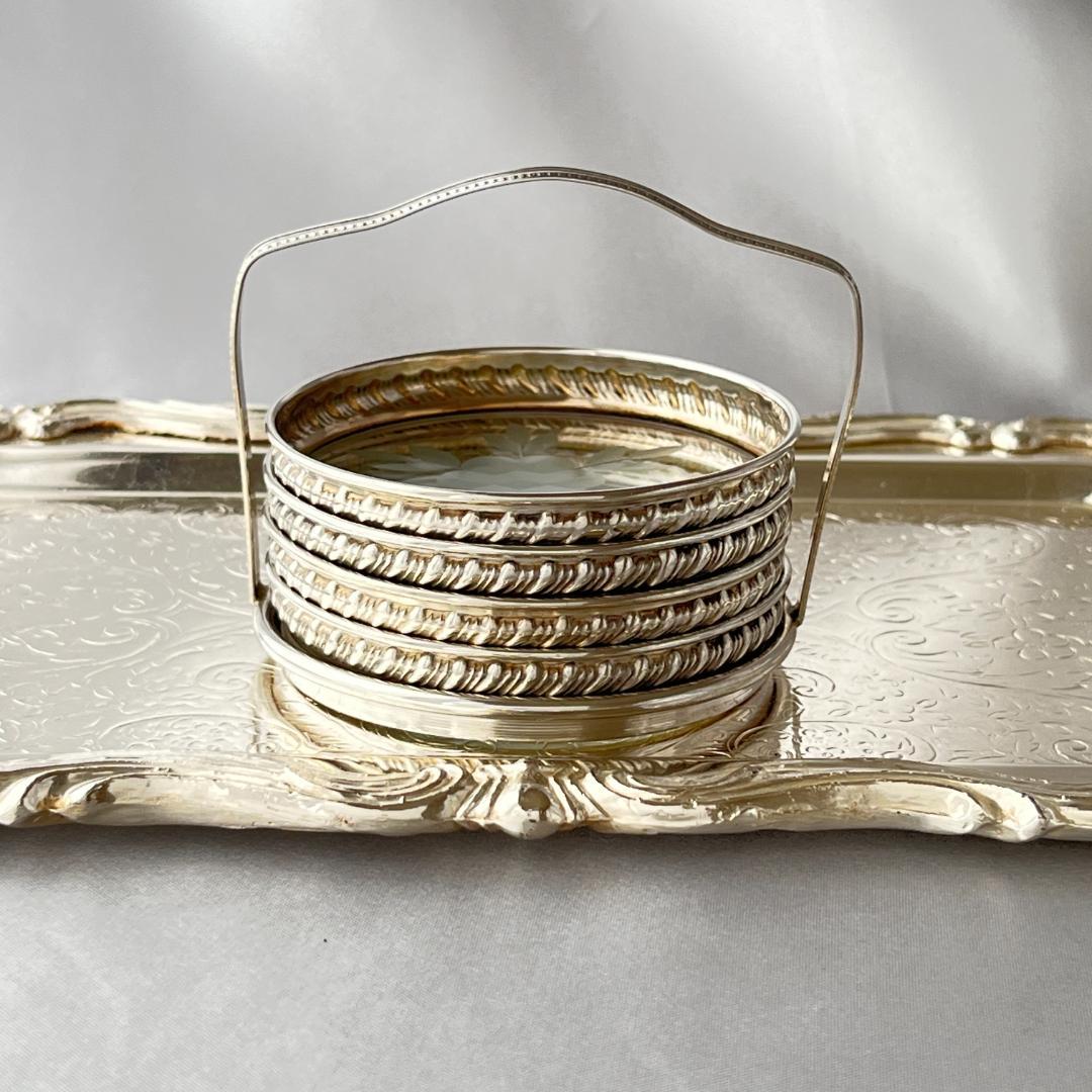 【純銀 / ガラス】ワイングラスコースター 4枚 スターリングシルバー ホルダー