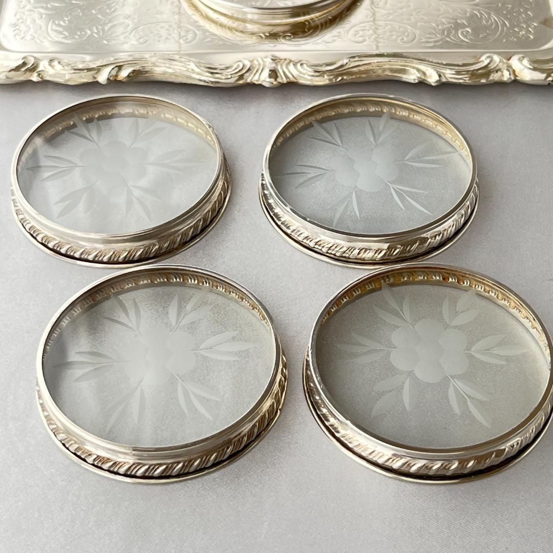 【純銀 / ガラス】ワイングラスコースター 4枚 スターリングシルバー ホルダー