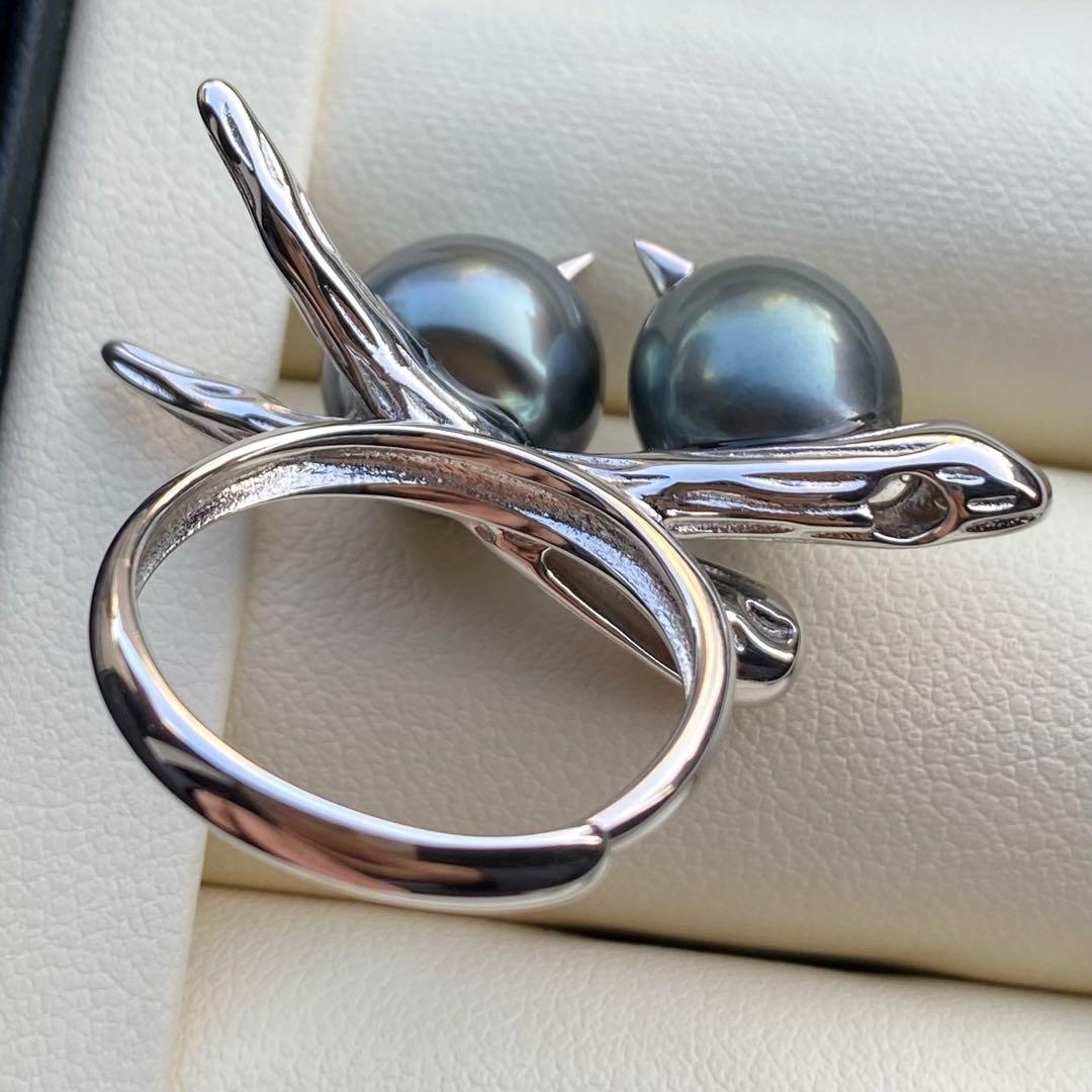 本真珠　南洋黒蝶真珠ダブルリング「鳥と枝」13mmダークグリーンL1259