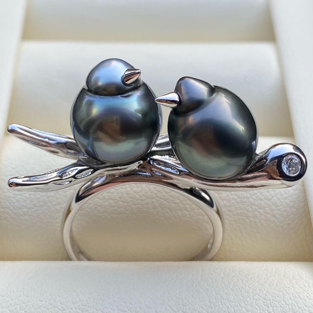 本真珠　南洋黒蝶真珠ダブルリング「鳥と枝」13mmダークグリーンL1259