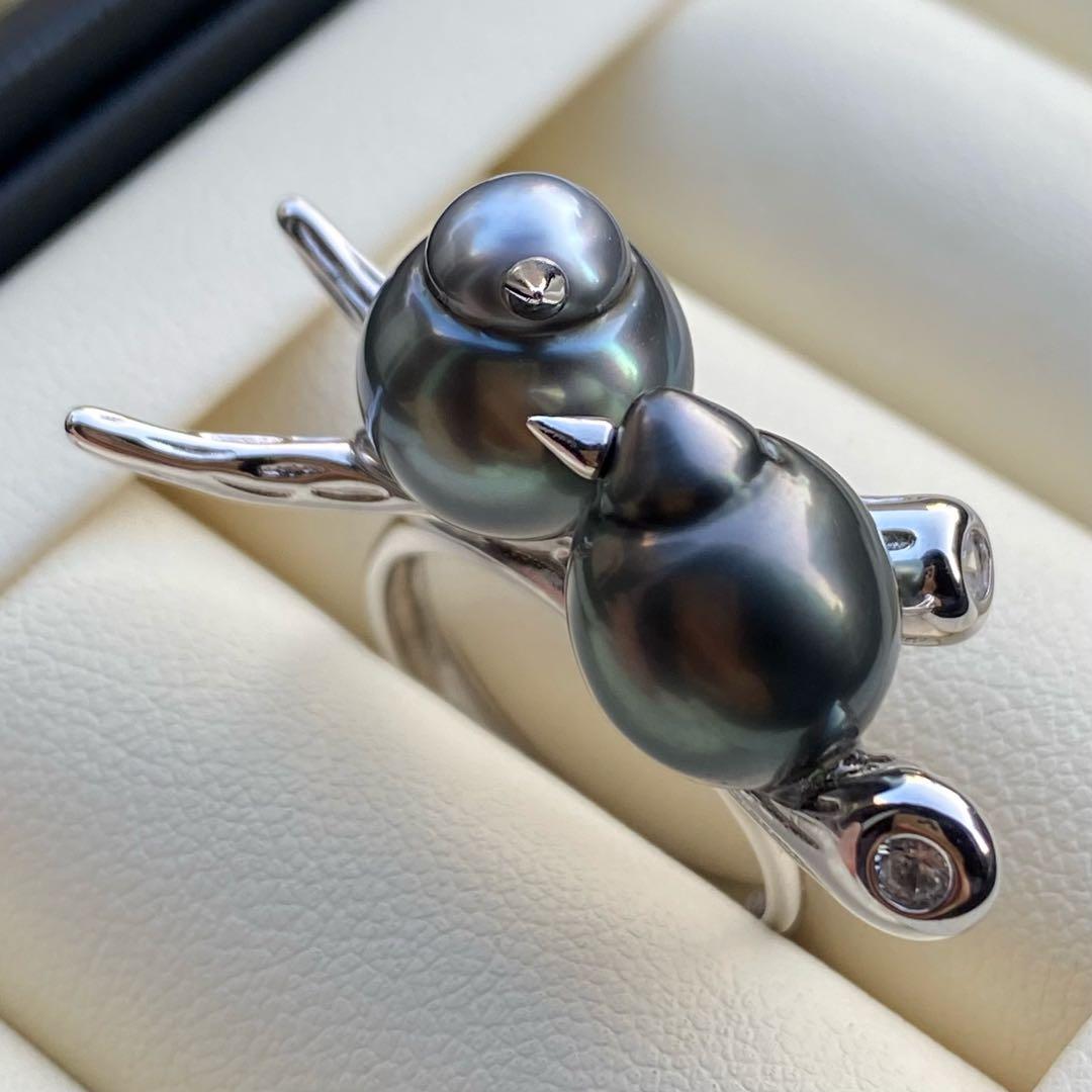 本真珠　南洋黒蝶真珠ダブルリング「鳥と枝」13mmダークグリーンL1259