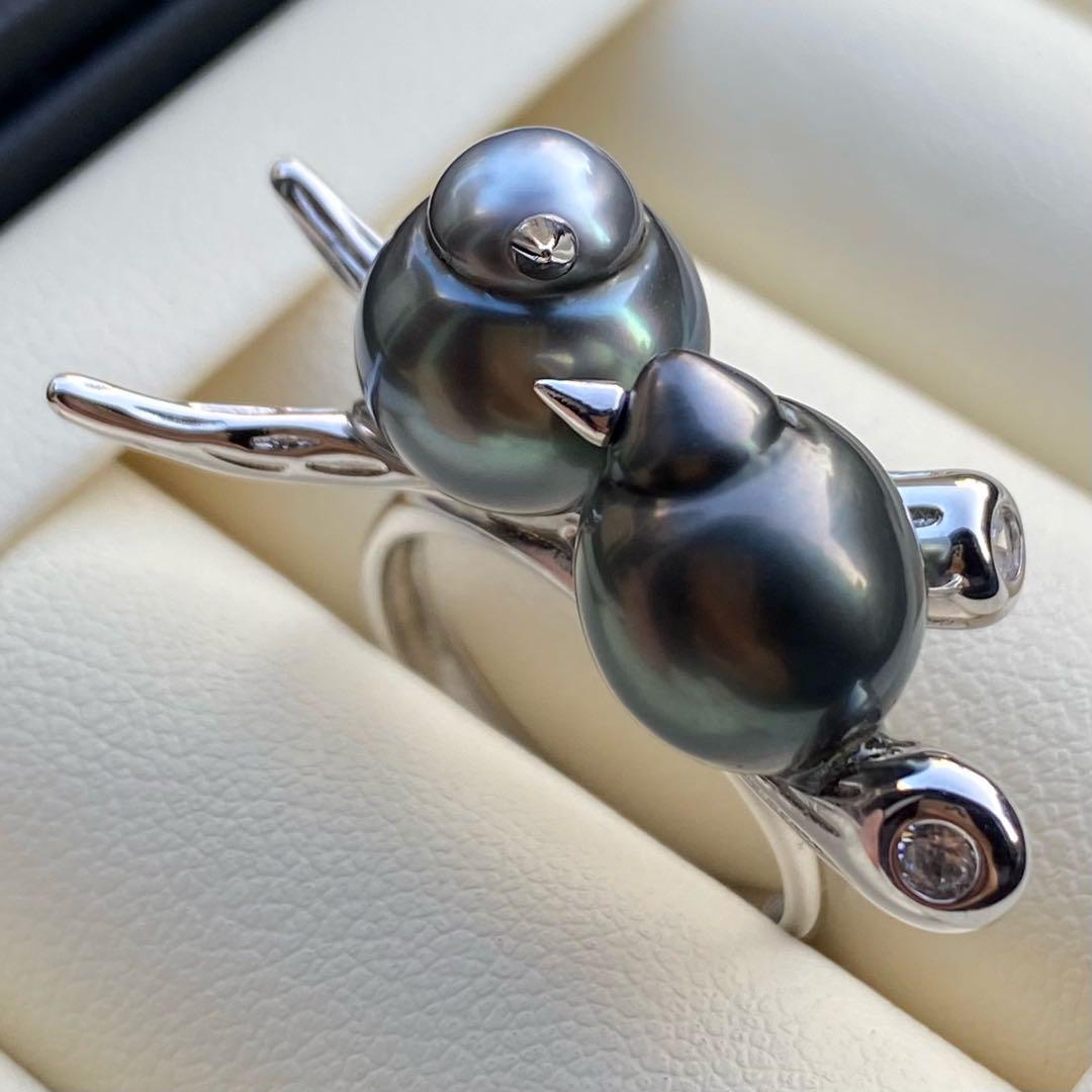 本真珠　南洋黒蝶真珠ダブルリング「鳥と枝」13mmダークグリーンL1259