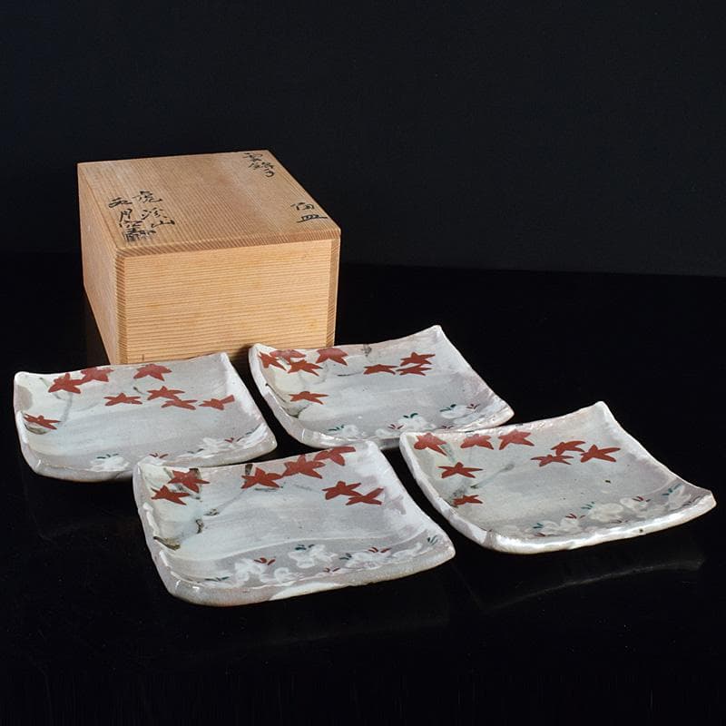 志野焼　虎渓山　水月窯　雲綿手　角皿　四客　共箱　V　R7624