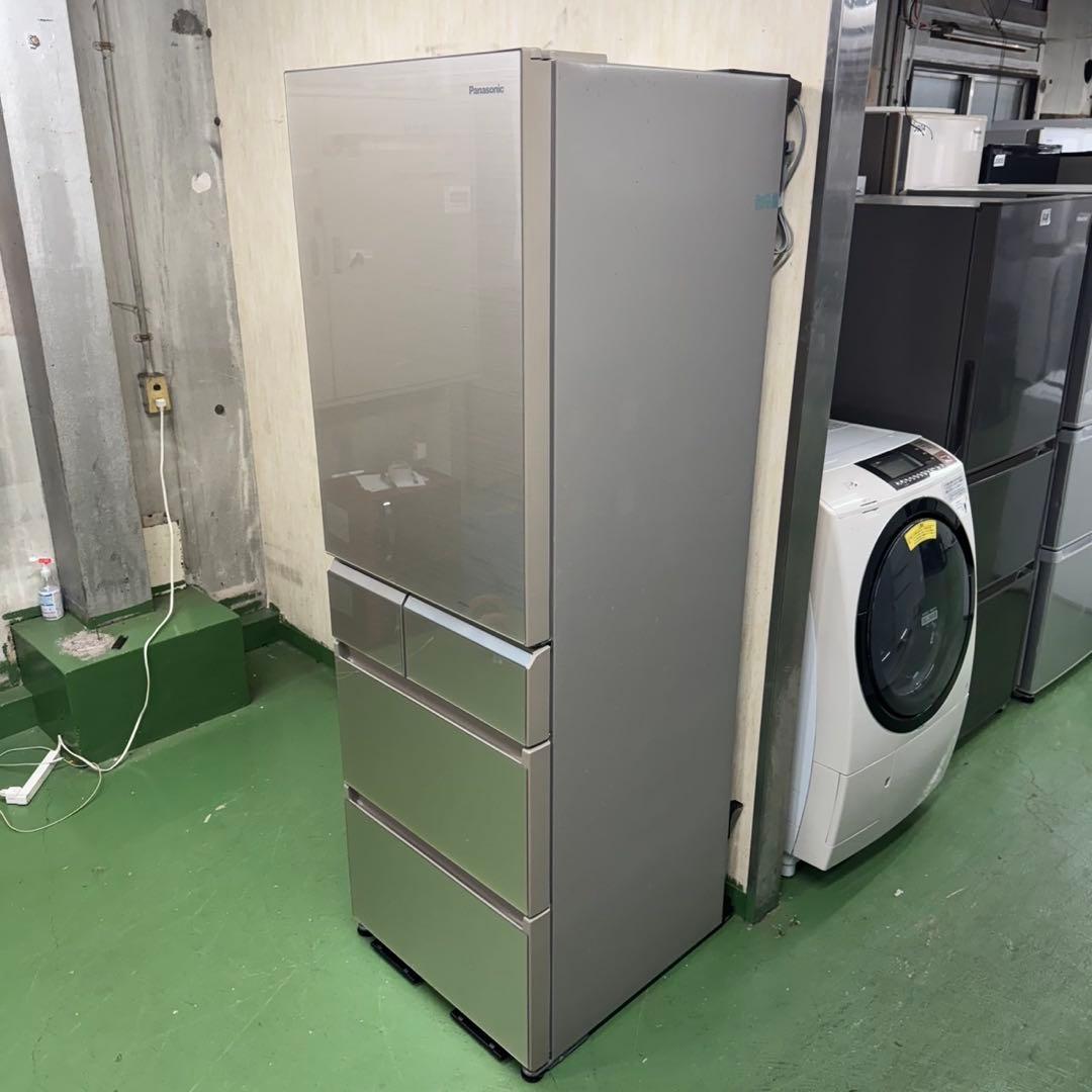 91 大型冷蔵庫　400L強　右開き　自動製氷機付　美品　家庭向　ガラストップ