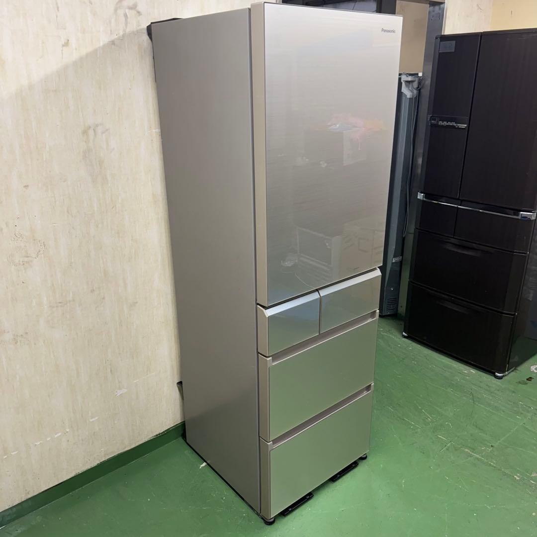 91 大型冷蔵庫　400L強　右開き　自動製氷機付　美品　家庭向　ガラストップ