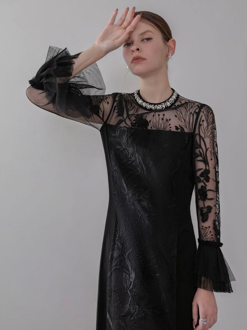 フラワーレースジュエルカラーIラインワンピースドレス結婚式二次会成人式パーティー