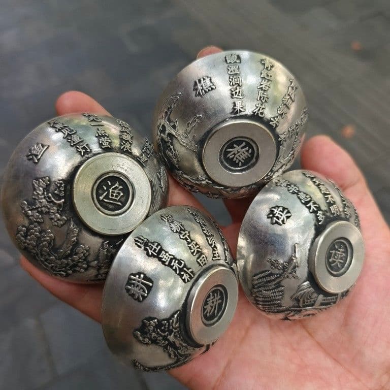 銅器 漁樵耕読小碗一セット 茶碗 工芸品 美術品 置物