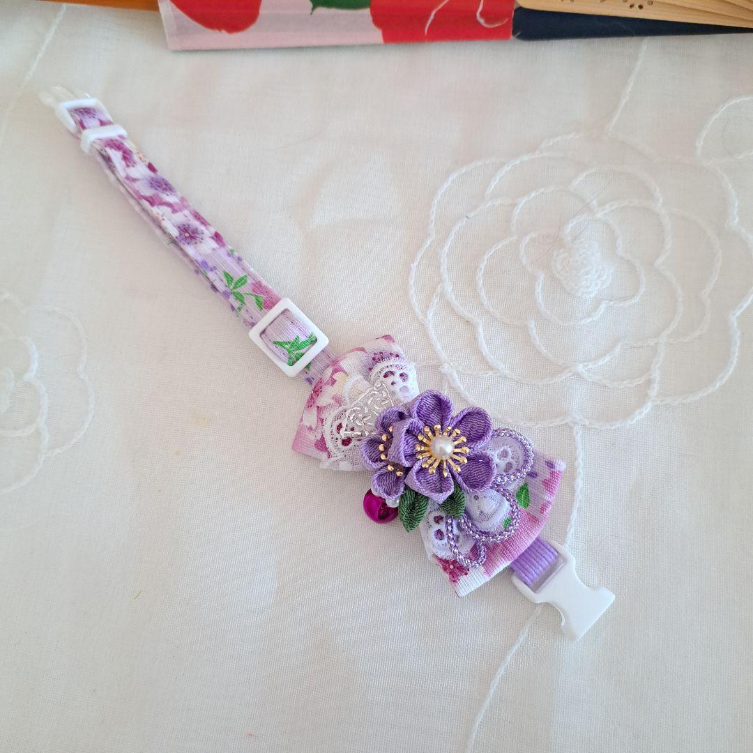 シングルリボン、和風つまみ細工(藤色)わんちゃん猫ちゃん用首輪