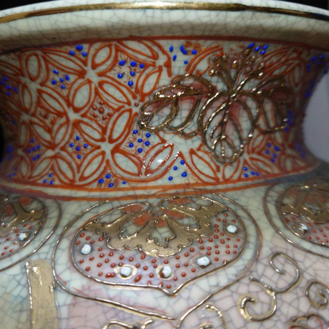 薩摩焼　古薩摩金襴手彩色　戦国武将図柄　大花瓶　古美術