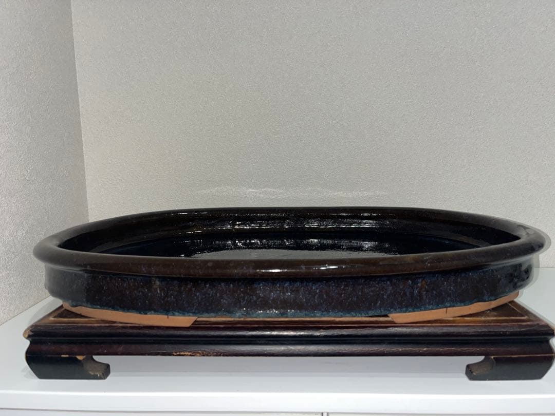 【中国古盆器】 海鼠釉楕円鉢・中渡り　盆栽鉢