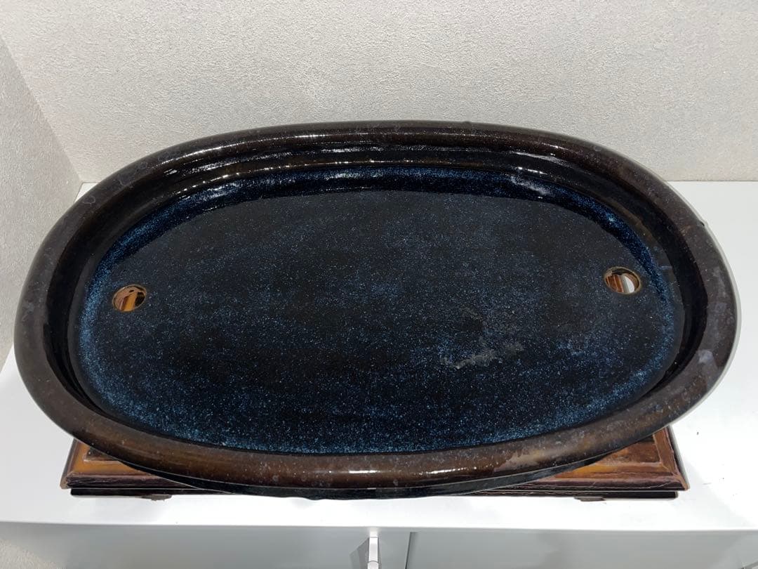 【中国古盆器】 海鼠釉楕円鉢・中渡り　盆栽鉢