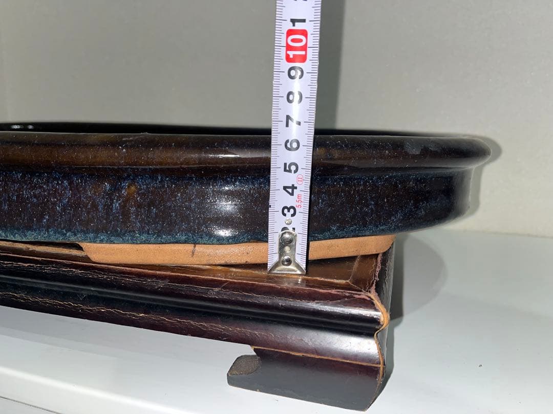 【中国古盆器】 海鼠釉楕円鉢・中渡り　盆栽鉢