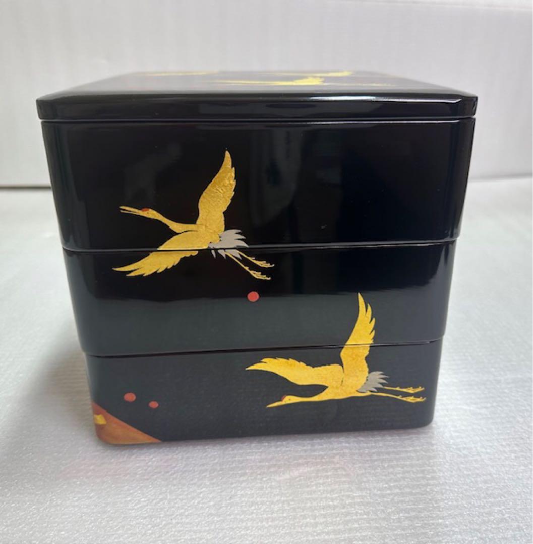 重箱 1 越前漆器/木製漆器/三段 重箱/黒地 金色鶴