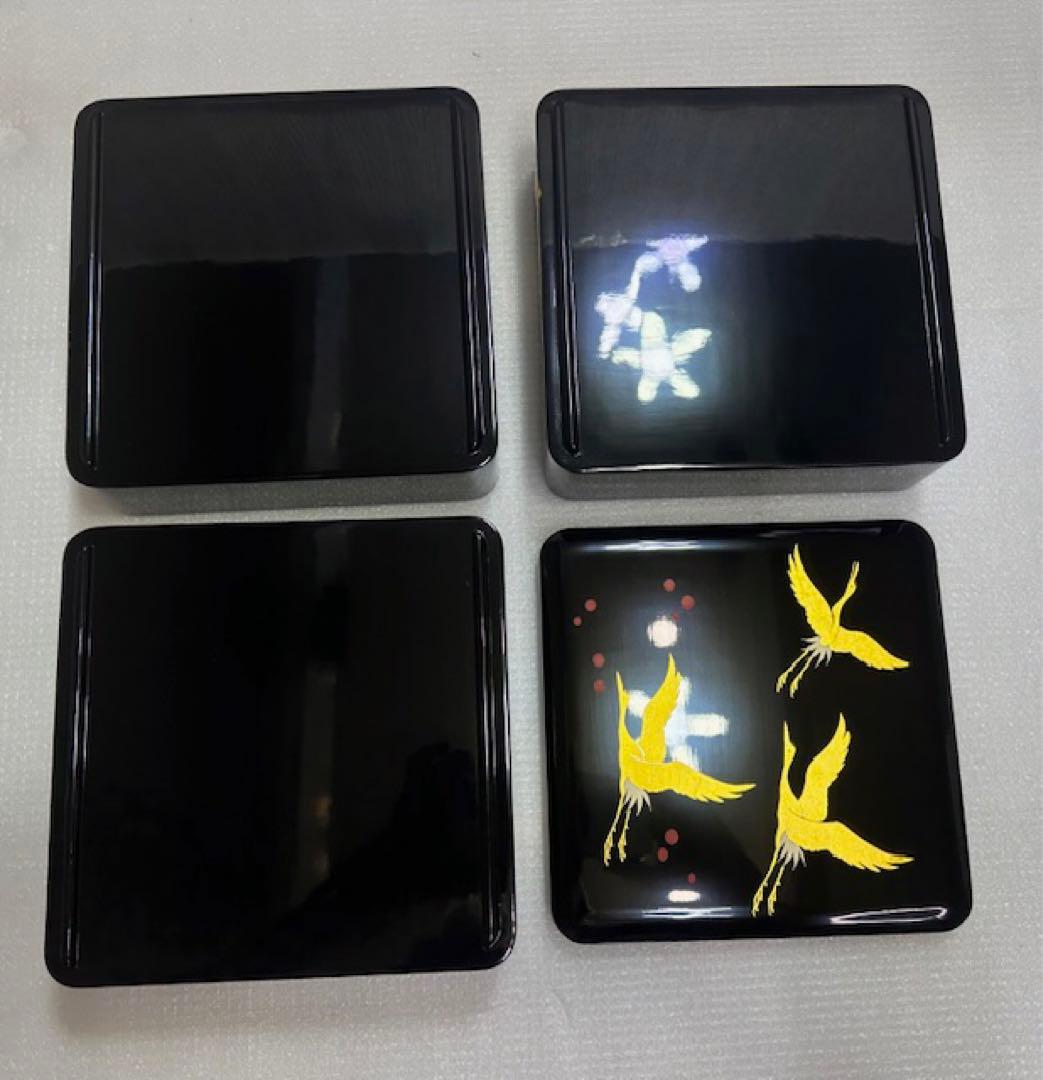 重箱 1 越前漆器/木製漆器/三段 重箱/黒地 金色鶴