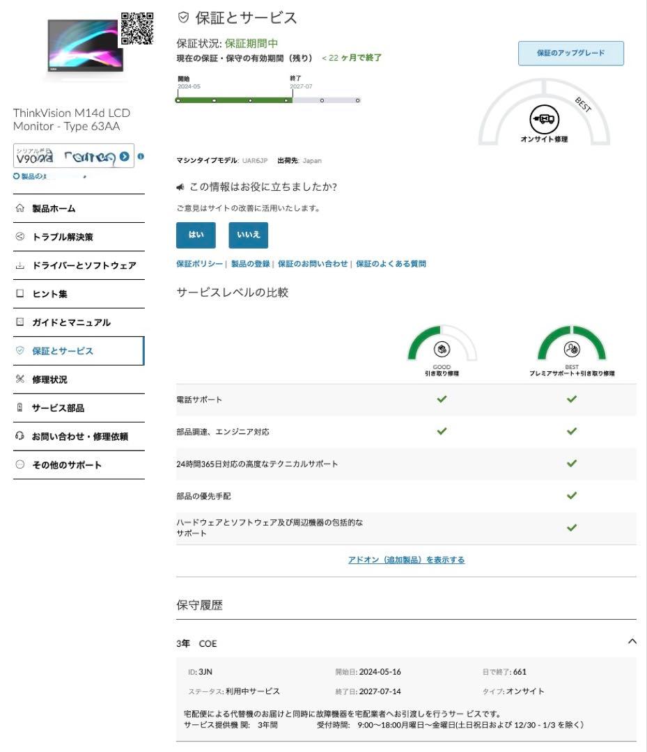 ディスプレイ・モニター本体 Lenovo ThinkVision M14d