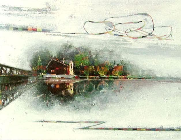 油絵 菅家令子 絵 絵画 インテリア 額付(黒) uF6-062803 橋の風景