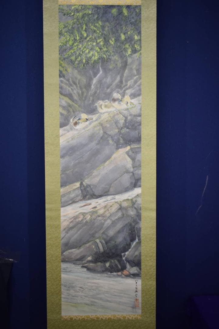真作/池田興雲/渓流水鳥図/布袋屋掛軸HJ-304
