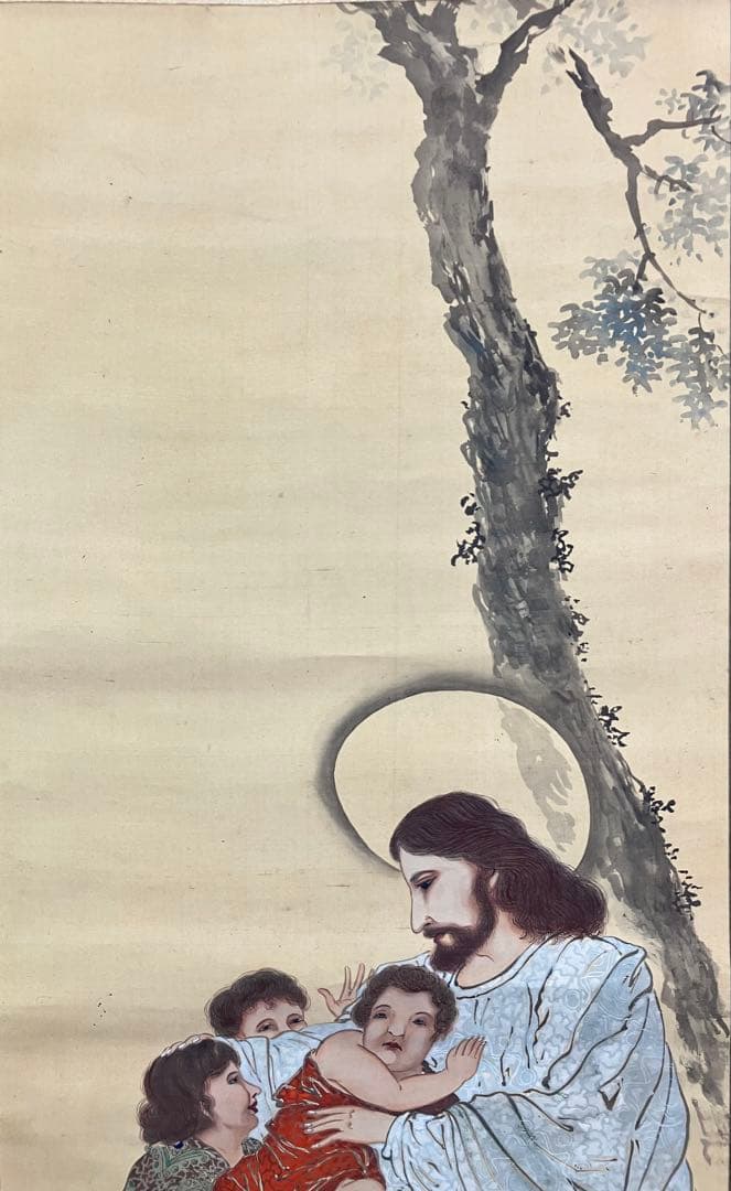 キリスト　絹本　掛軸（クリスチャン　カトリック　聖書 クリスマス）