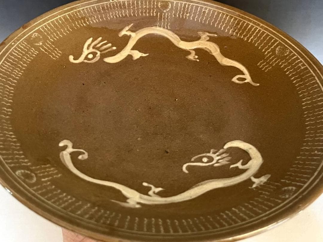 皿■希少 中国 古い白龍紋茶釉皿 大中皿 飾り皿 時代箱 古玩 時代物 骨董品■