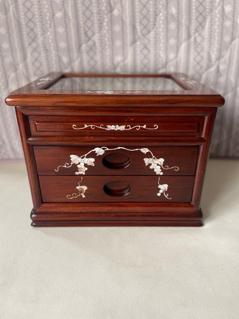 花梨 螺鈿細工 2段小引出し ショーケース ガラスケース 唐木 無垢 貴重品収納