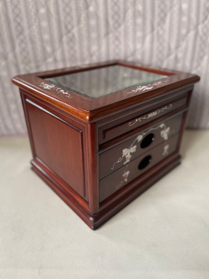 花梨 螺鈿細工 2段小引出し ショーケース ガラスケース 唐木 無垢 貴重品収納