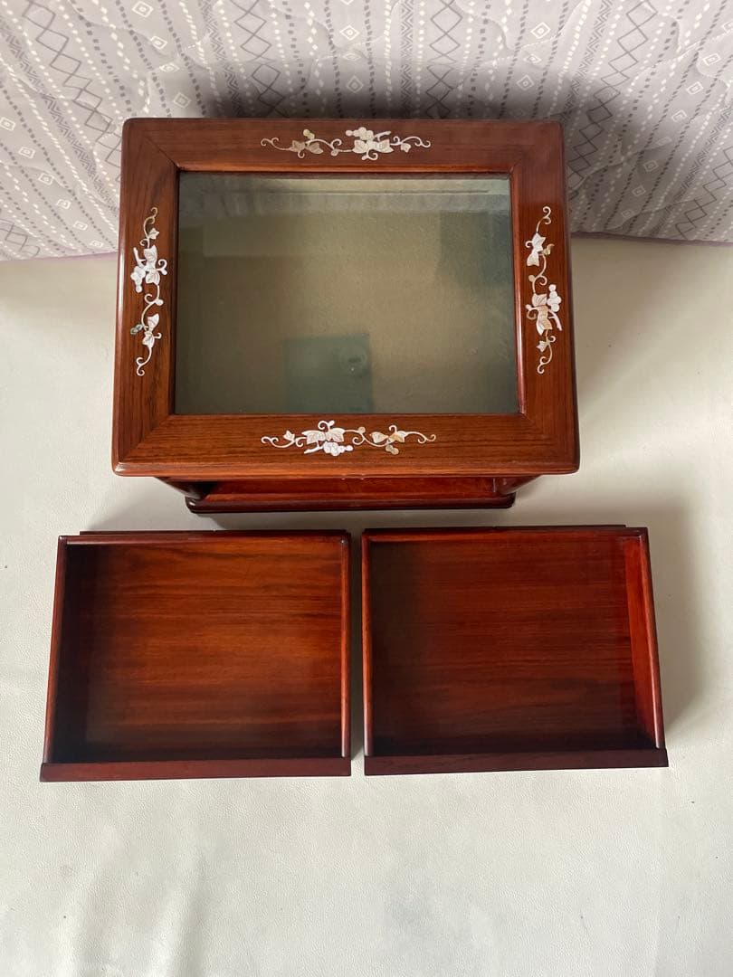 花梨 螺鈿細工 2段小引出し ショーケース ガラスケース 唐木 無垢 貴重品収納