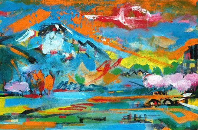 油絵 菅家令子 絵画インテリア額付(青緑＋金色の枠)uF6-063203風景田園