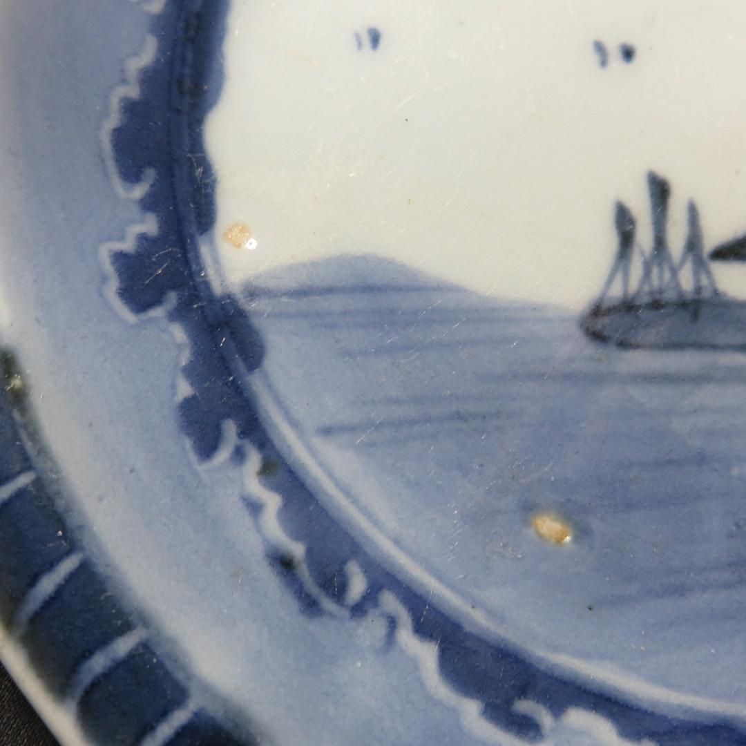 皿 5枚 古伊万里 染付 山水 江戸 窯傷 家屋 船