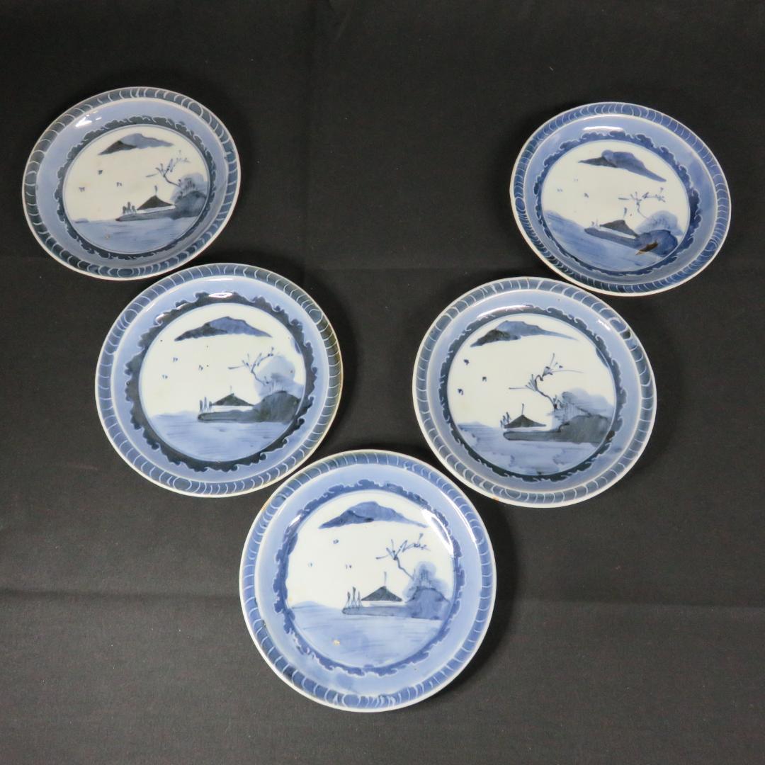 皿 5枚 古伊万里 染付 山水 江戸 窯傷 家屋 船