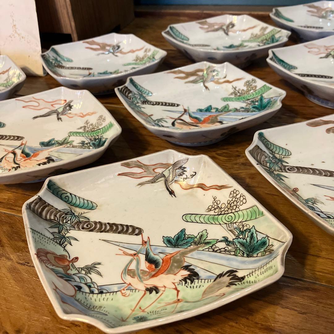 アンティーク 古伊万里 色絵鶴亀文菱形皿 文化-文政 江戸期 鑑定書付き