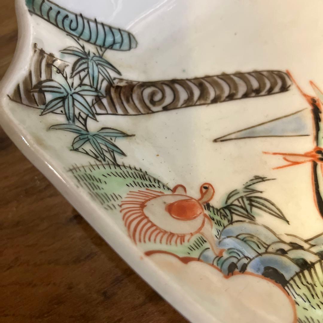 アンティーク 古伊万里 色絵鶴亀文菱形皿 文化-文政 江戸期 鑑定書付き