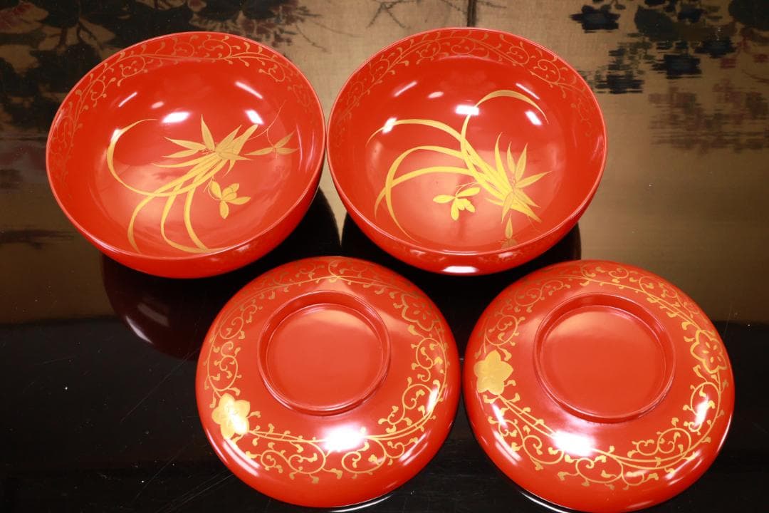 BJ121　時代輪島塗　四君子図蒔絵　吸物椀　二客　木製　茶道具 懐石 会席