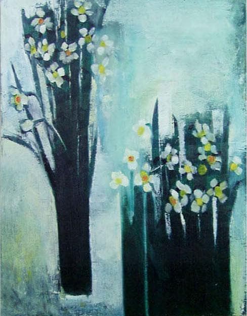 油絵 菅家令子 絵 絵画インテリア 額付(青緑＋金色の枠) F6-182023花