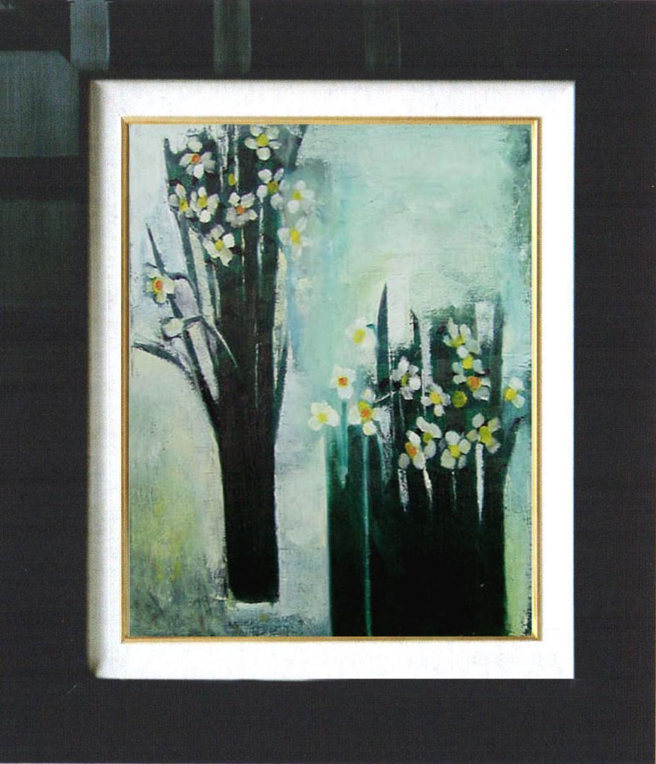 油絵 菅家令子 絵 絵画インテリア 額付(青緑＋金色の枠) F6-182023花