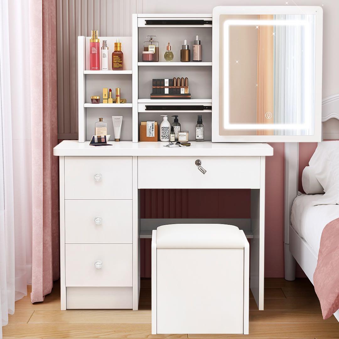 (期間セール) ドレッサー コンパクト 白 3色LED ライト収納沢山 化粧台