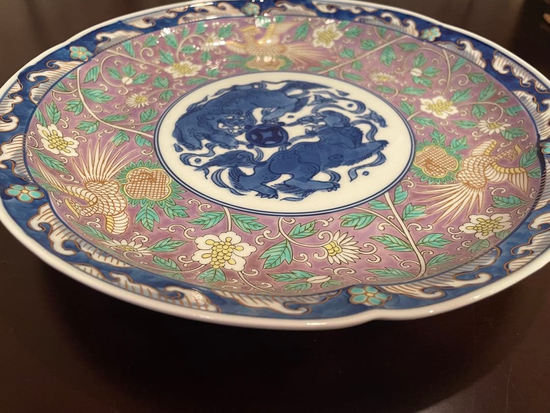 未使用品　有田焼　古伊万里　富貴長春 深皿 金彩 花鳥　唐獅子 鳳凰　唐草 大皿
