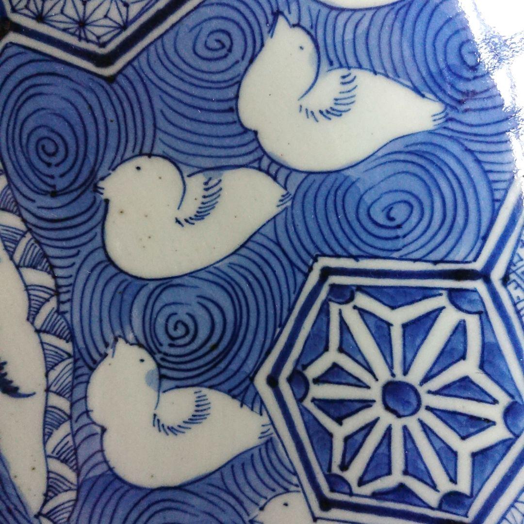 江戸 ふっくら千鳥 骨董 古伊万里 染付 大皿 輪花 アンティーク 皿 /印判