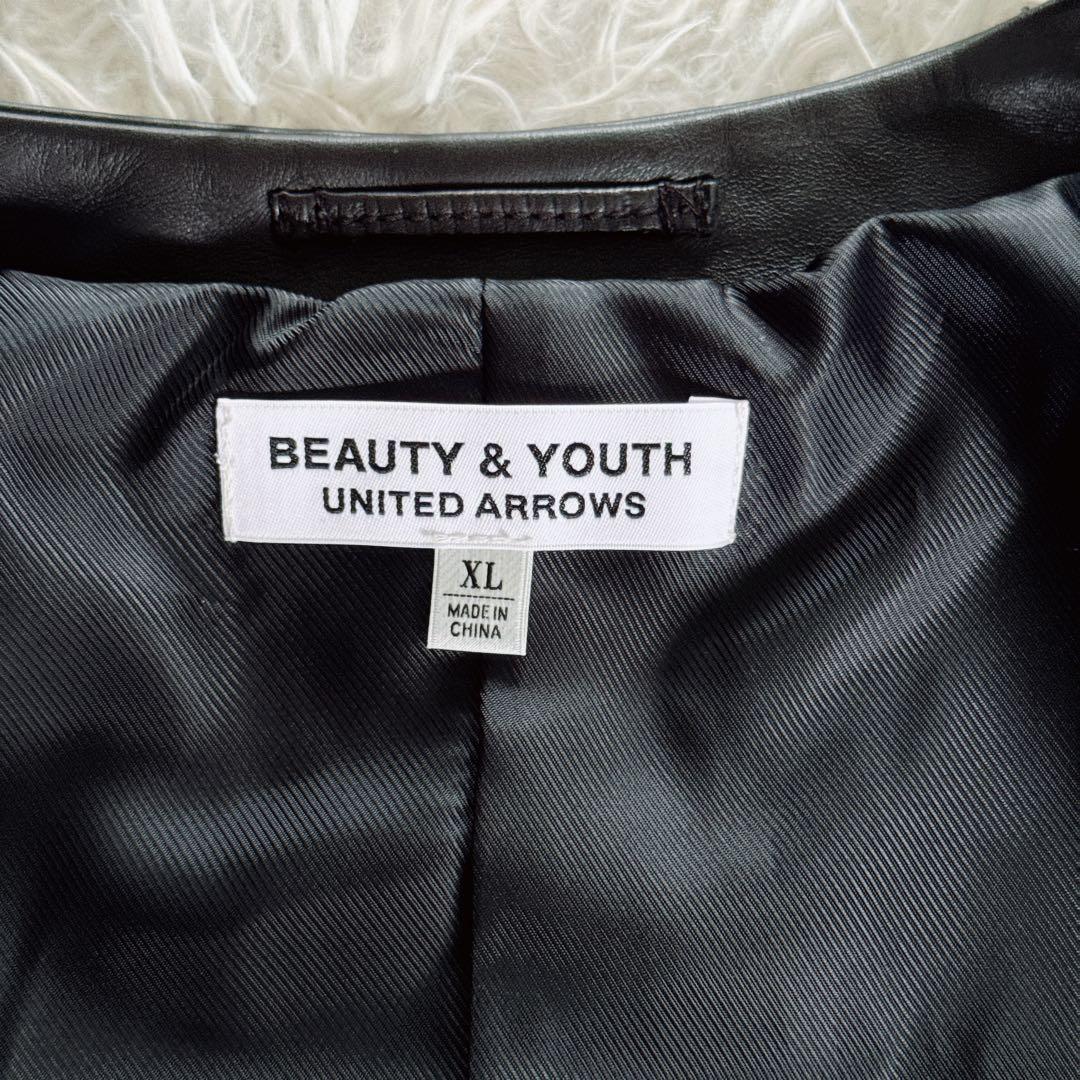 【BEAUTY&YOUTH】ノーカラー シングルライダース 牛革 ブラック XL