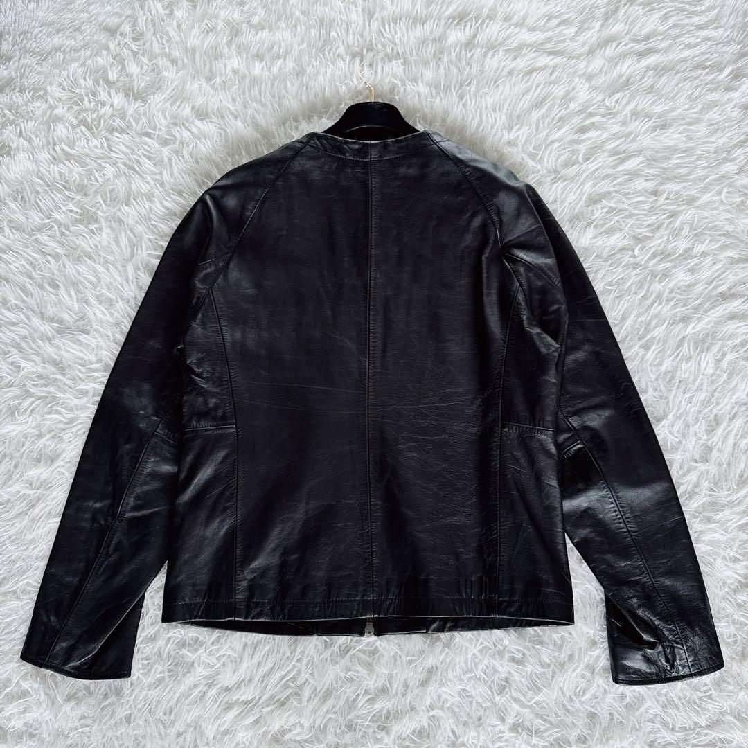 【BEAUTY&YOUTH】ノーカラー シングルライダース 牛革 ブラック XL