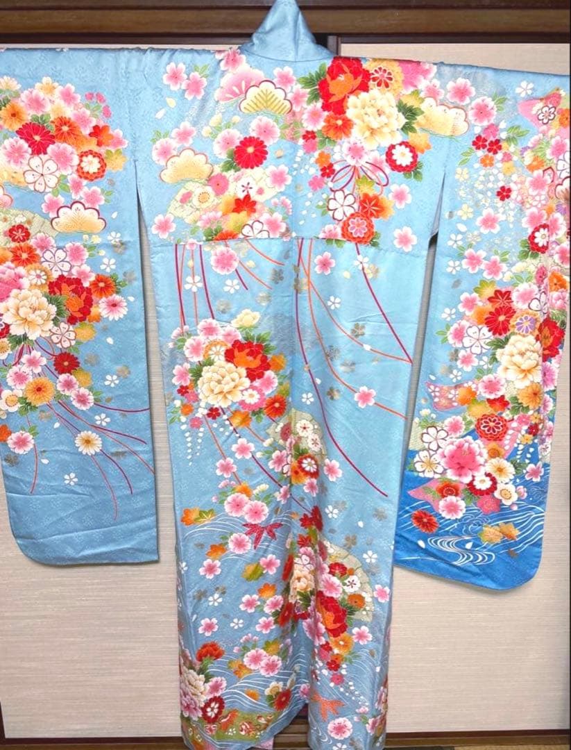 天色 牡丹 花々 振袖 身丈157